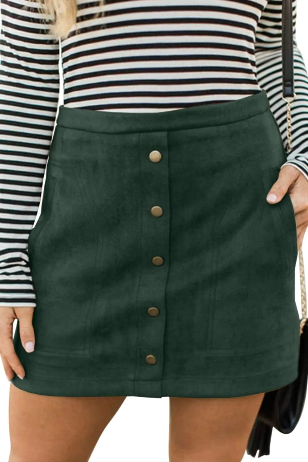 Meyeeka Women's Button Front Faux Suede High Waist A-line Mini Skirt with Pocket