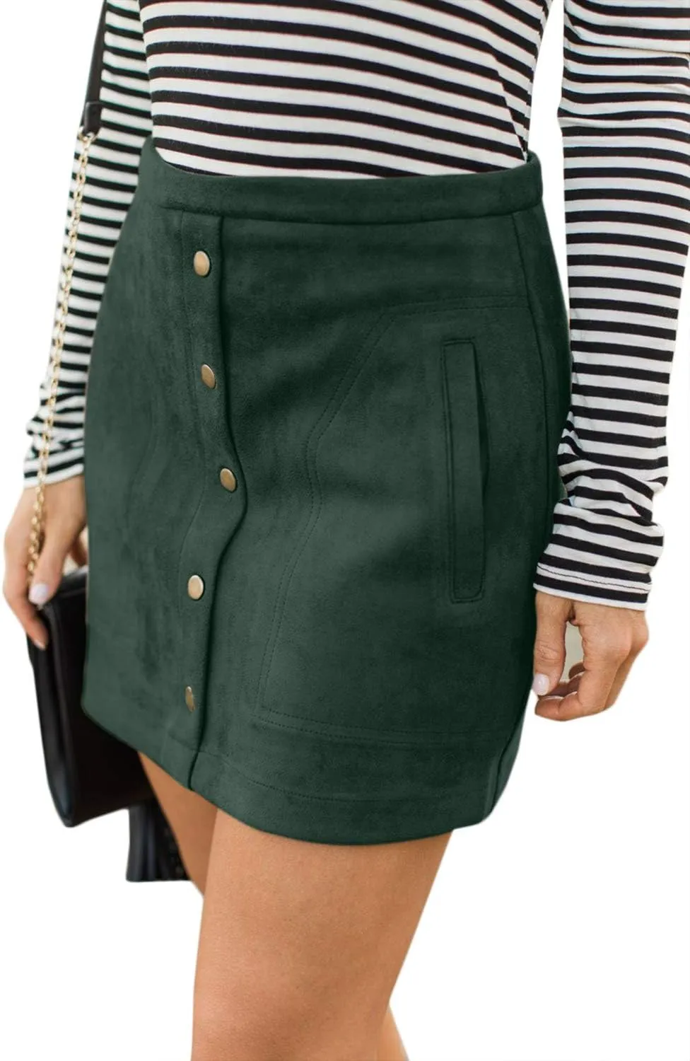 Meyeeka Women's Button Front Faux Suede High Waist A-line Mini Skirt with Pocket