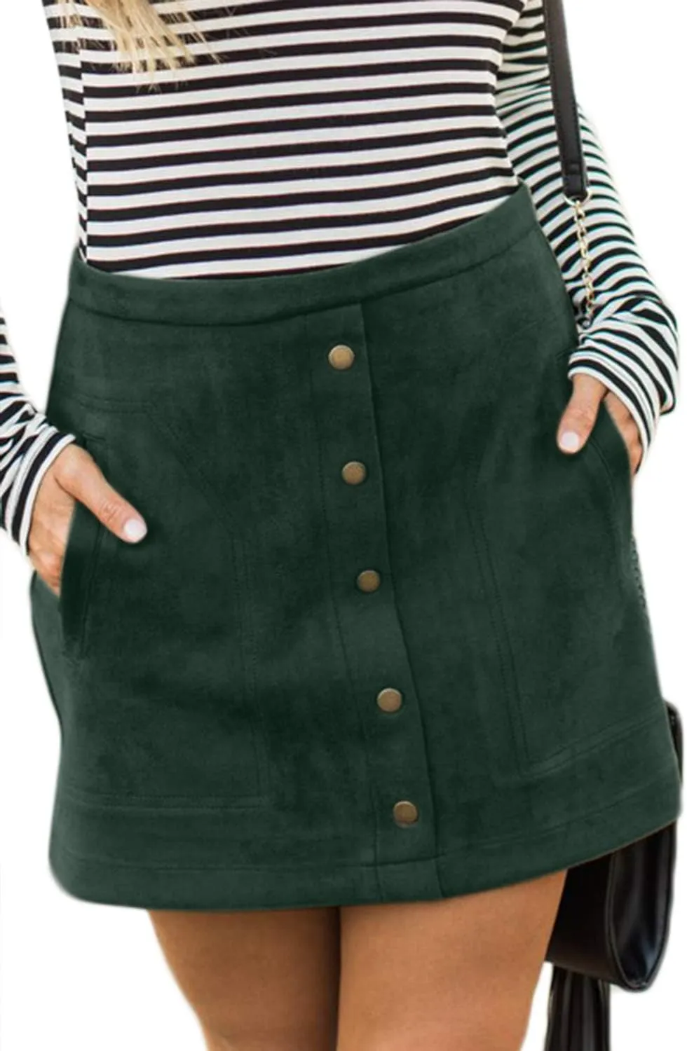 Meyeeka Women's Button Front Faux Suede High Waist A-line Mini Skirt with Pocket