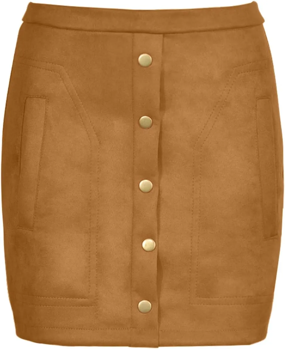 Meyeeka Women's Button Front Faux Suede High Waist A-line Mini Skirt with Pocket