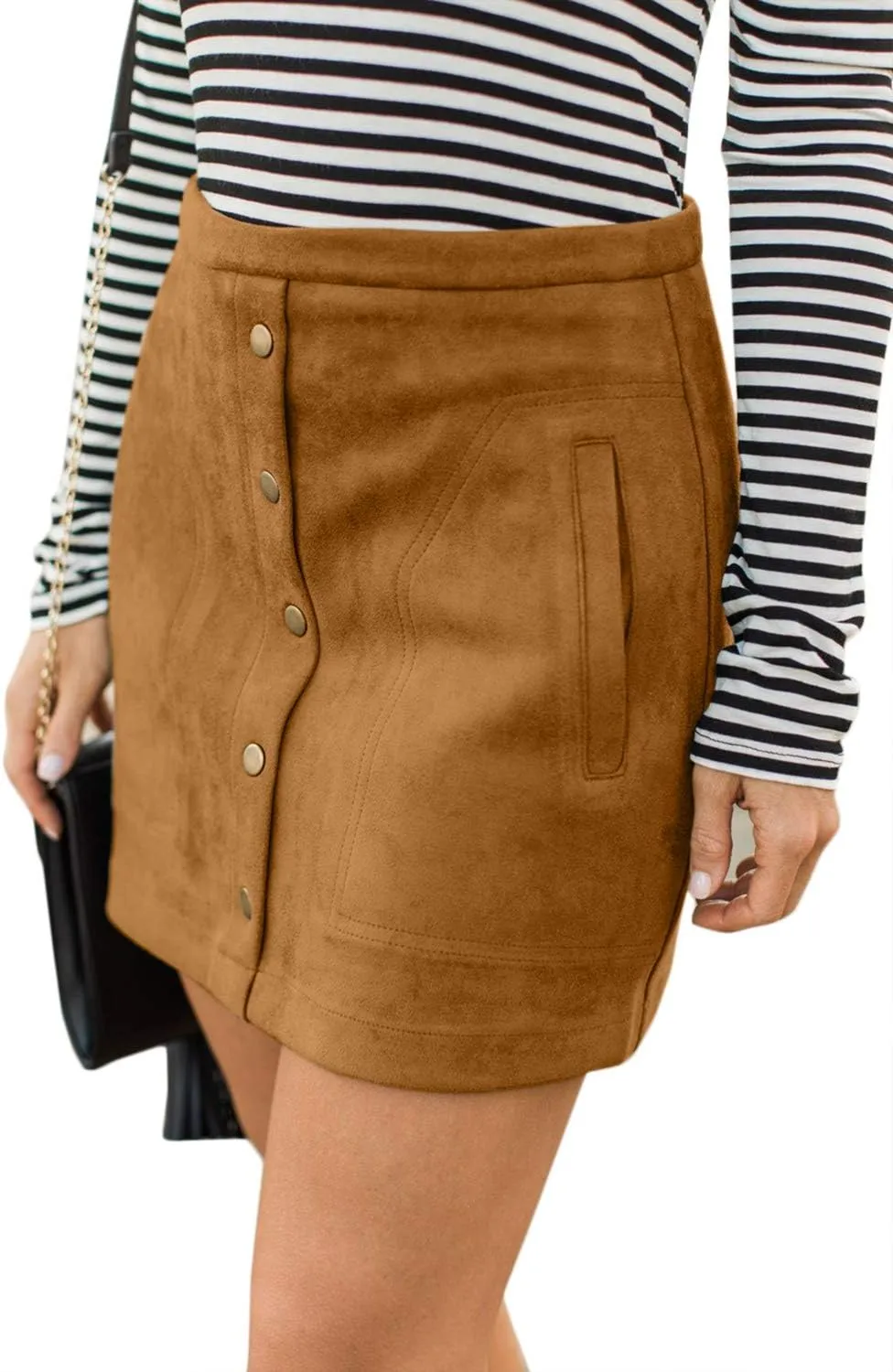 Meyeeka Women's Button Front Faux Suede High Waist A-line Mini Skirt with Pocket