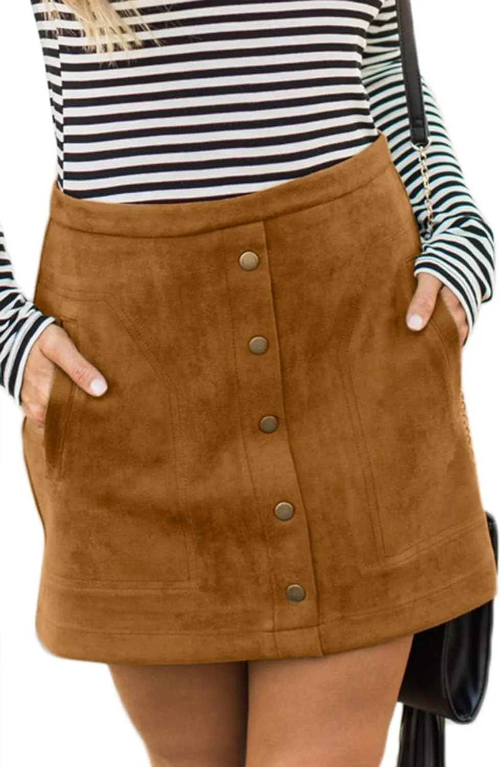 Meyeeka Women's Button Front Faux Suede High Waist A-line Mini Skirt with Pocket