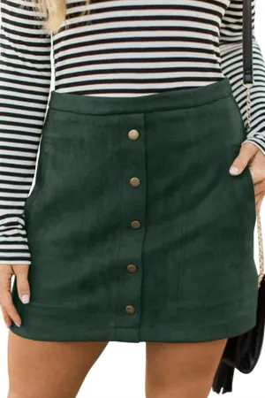Meyeeka Women's Button Front Faux Suede High Waist A-line Mini Skirt with Pocket