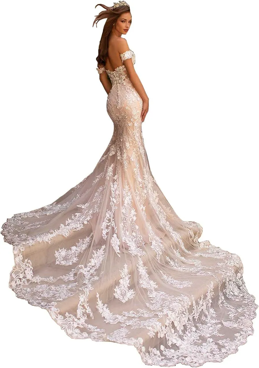 Miao Duo Women's Beach Wedding Dresses for Bride 2025 Long Lace Wedding Bridal Gowns YZTSWD057