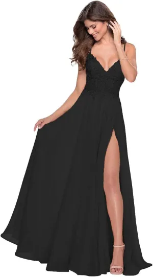 Miao Duo Women's Lace Appliqued Chiffon Prom Dresses Long with Slit Spaghetti Straps V Neck Formal Party Gowns YZTS027