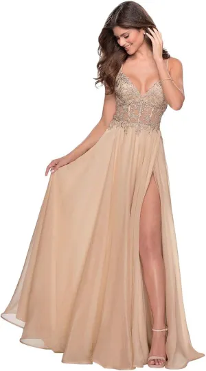 Miao Duo Women's Lace Appliqued Chiffon Prom Dresses Long with Slit Spaghetti Straps V Neck Formal Party Gowns YZTS027