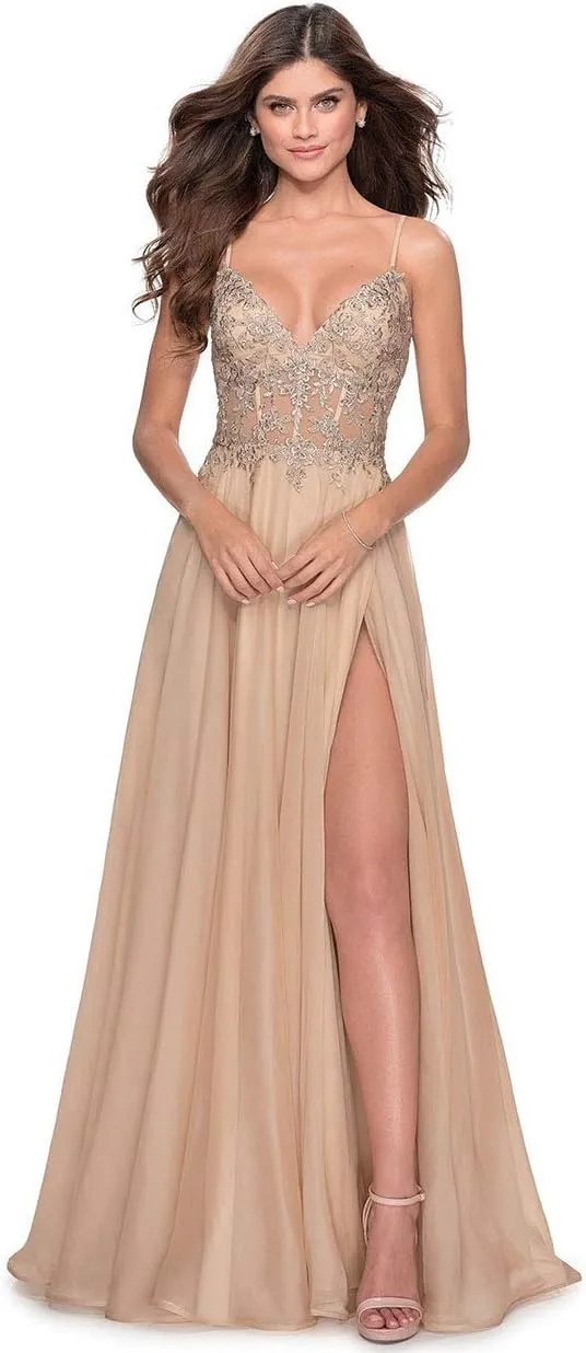 Miao Duo Women's Lace Appliqued Chiffon Prom Dresses Long with Slit Spaghetti Straps V Neck Formal Party Gowns YZTS027
