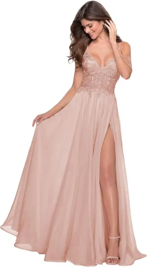 Miao Duo Women's Lace Appliqued Chiffon Prom Dresses Long with Slit Spaghetti Straps V Neck Formal Party Gowns YZTS027
