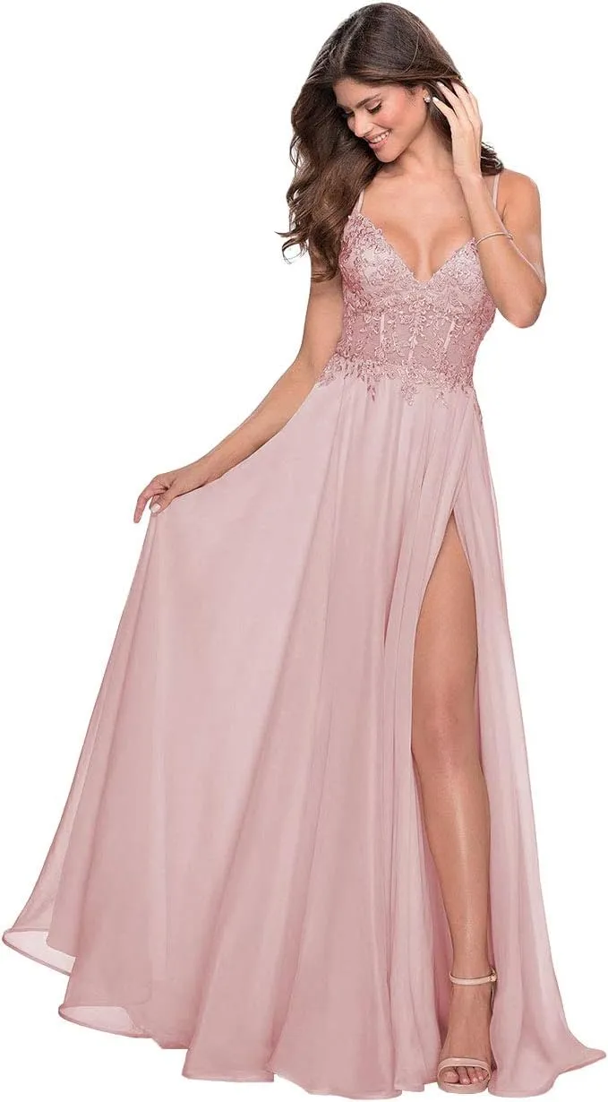 Miao Duo Women's Lace Appliqued Chiffon Prom Dresses Long with Slit Spaghetti Straps V Neck Formal Party Gowns YZTS027