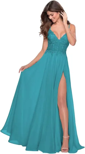 Miao Duo Women's Lace Appliqued Chiffon Prom Dresses Long with Slit Spaghetti Straps V Neck Formal Party Gowns YZTS027
