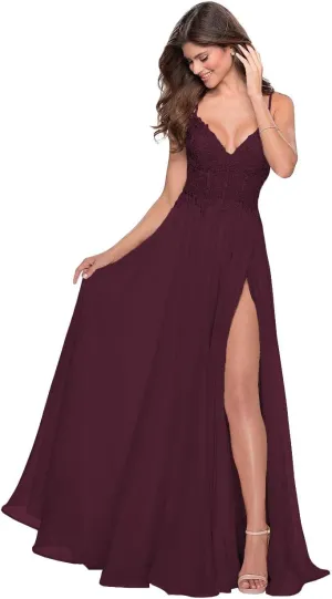 Miao Duo Women's Lace Appliqued Chiffon Prom Dresses Long with Slit Spaghetti Straps V Neck Formal Party Gowns YZTS027