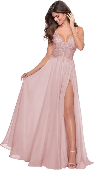 Miao Duo Women's Lace Appliqued Chiffon Prom Dresses Long with Slit Spaghetti Straps V Neck Formal Party Gowns YZTS027