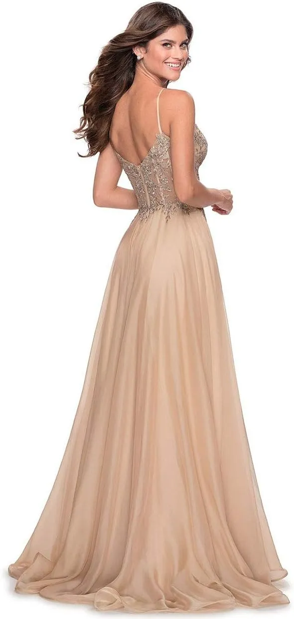 Miao Duo Women's Lace Appliqued Chiffon Prom Dresses Long with Slit Spaghetti Straps V Neck Formal Party Gowns YZTS027