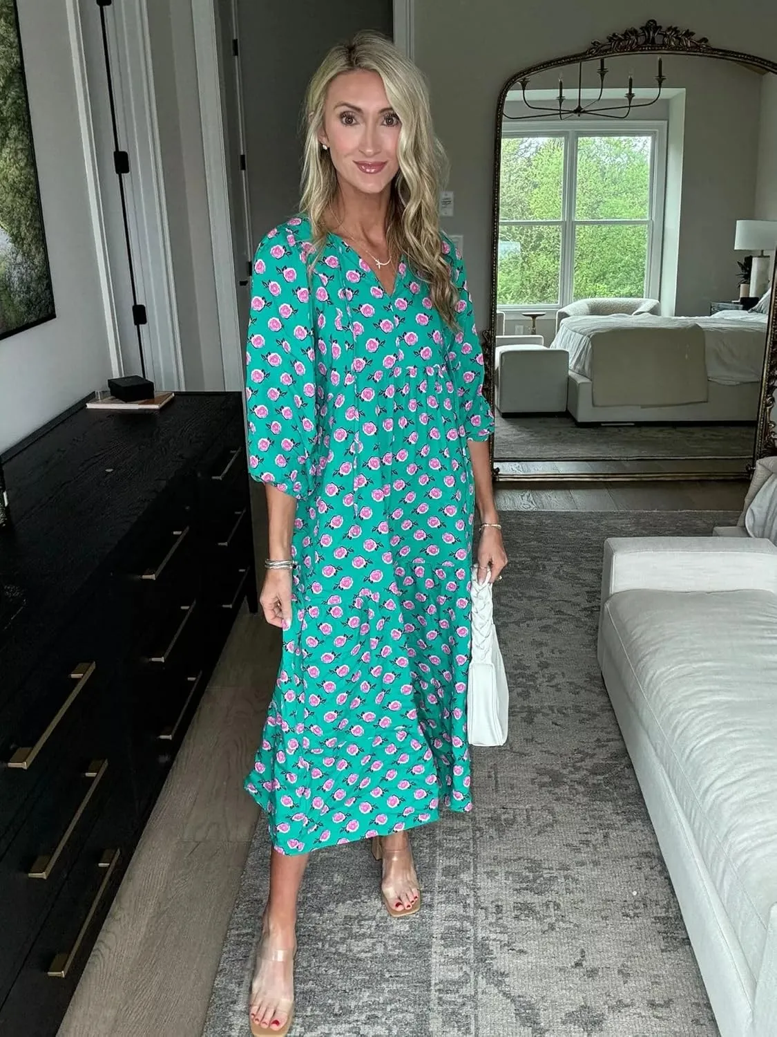 miduo Womens Loose Fit Casual Summer V Neck Half Sleeve Bohemian Geometric Pattern Maxi Long Dresses