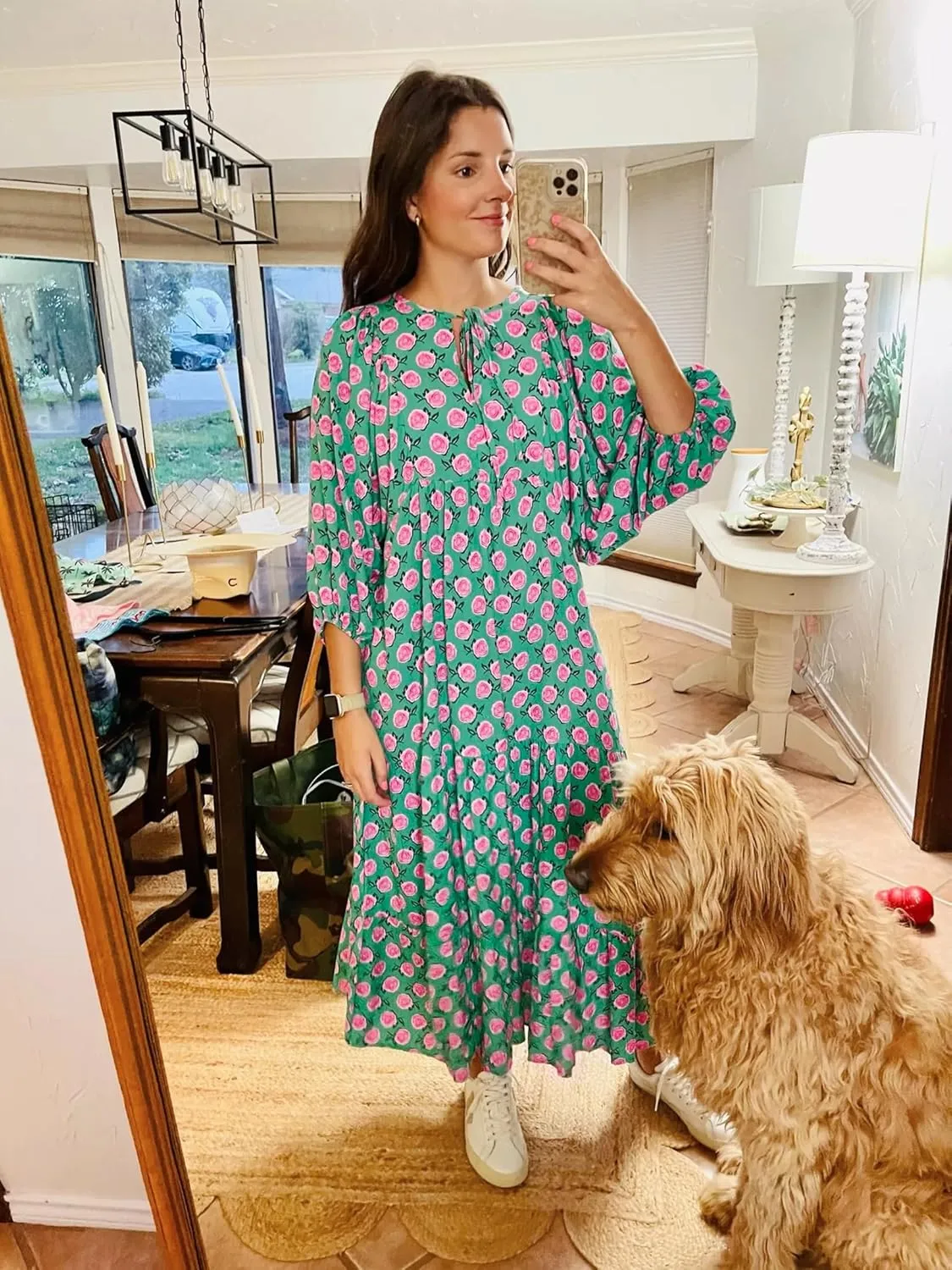 miduo Womens Loose Fit Casual Summer V Neck Half Sleeve Bohemian Geometric Pattern Maxi Long Dresses