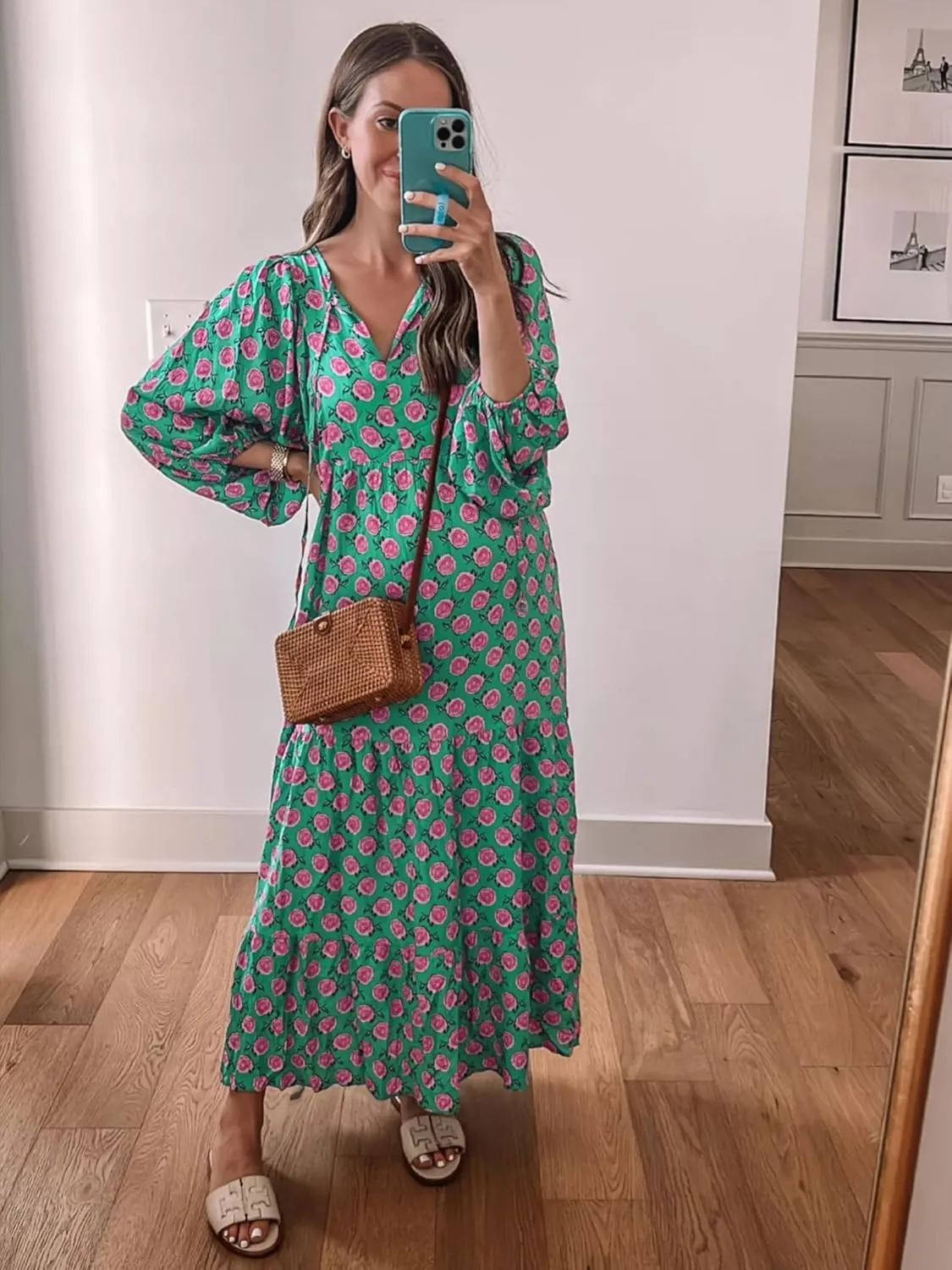miduo Womens Loose Fit Casual Summer V Neck Half Sleeve Bohemian Geometric Pattern Maxi Long Dresses