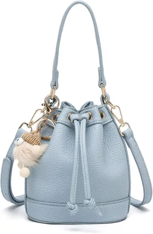 Mini Bucket Bag Vintage Pebbled Leather Bucket Purse with Plush Charm Drawstring Purse Bag Crossbody Shoulder Small Handbag