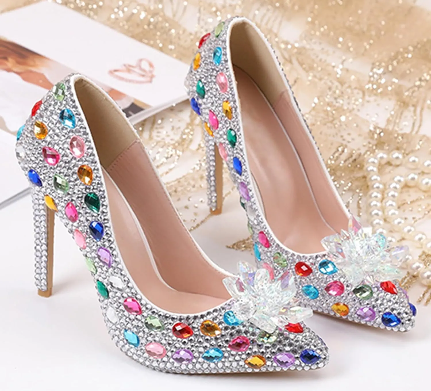 Minishion Rhinestone Wedding Shoes for Women Slip on Party Evening Pumps