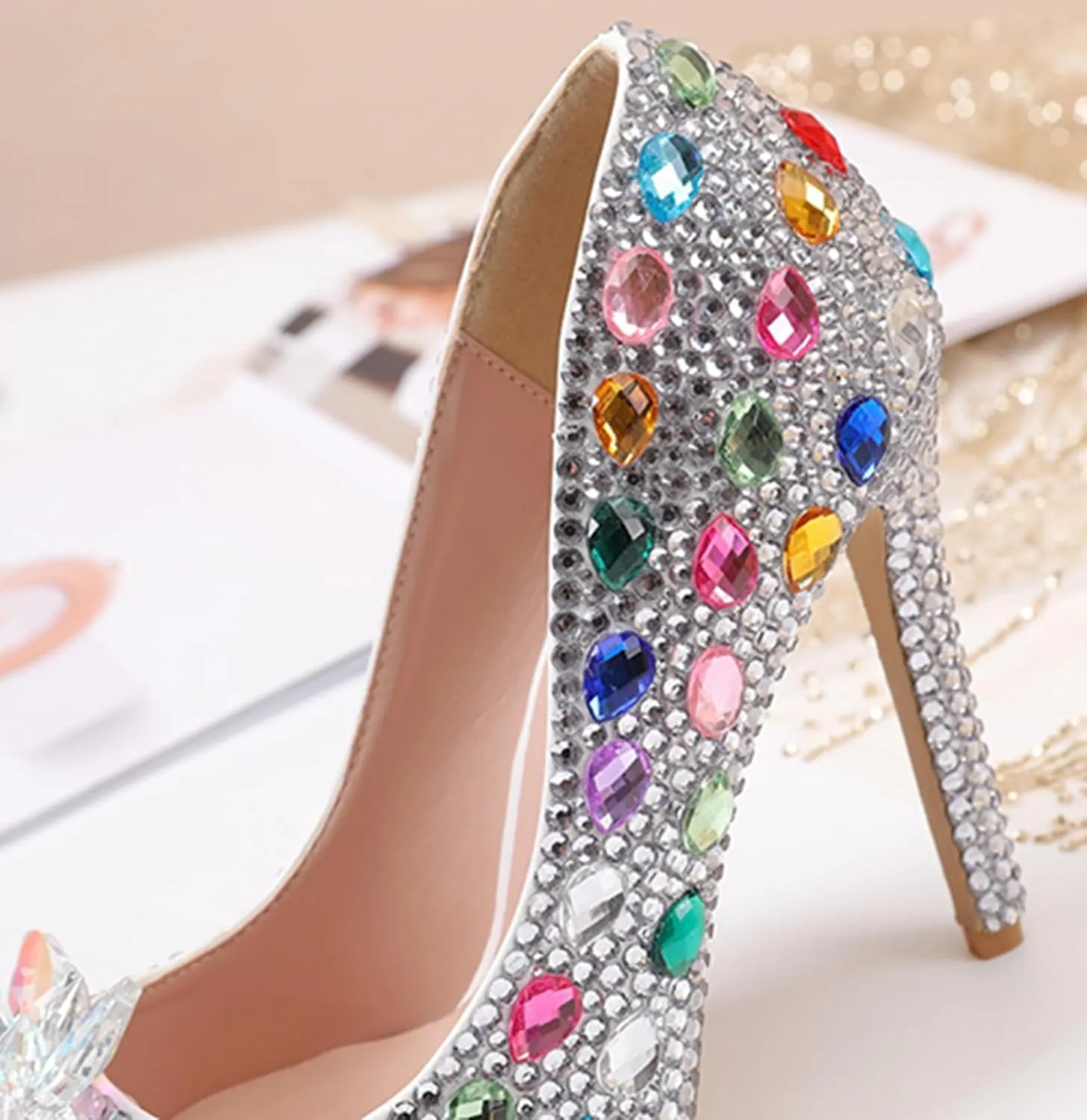 Minishion Rhinestone Wedding Shoes for Women Slip on Party Evening Pumps