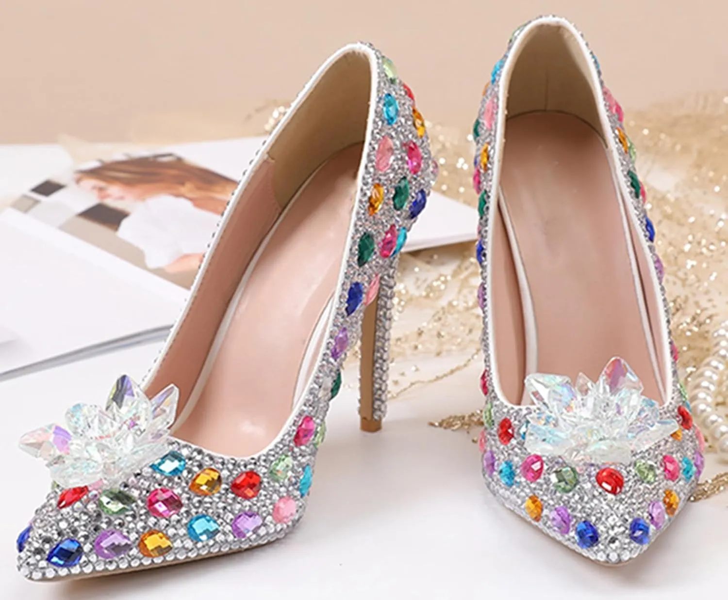 Minishion Rhinestone Wedding Shoes for Women Slip on Party Evening Pumps