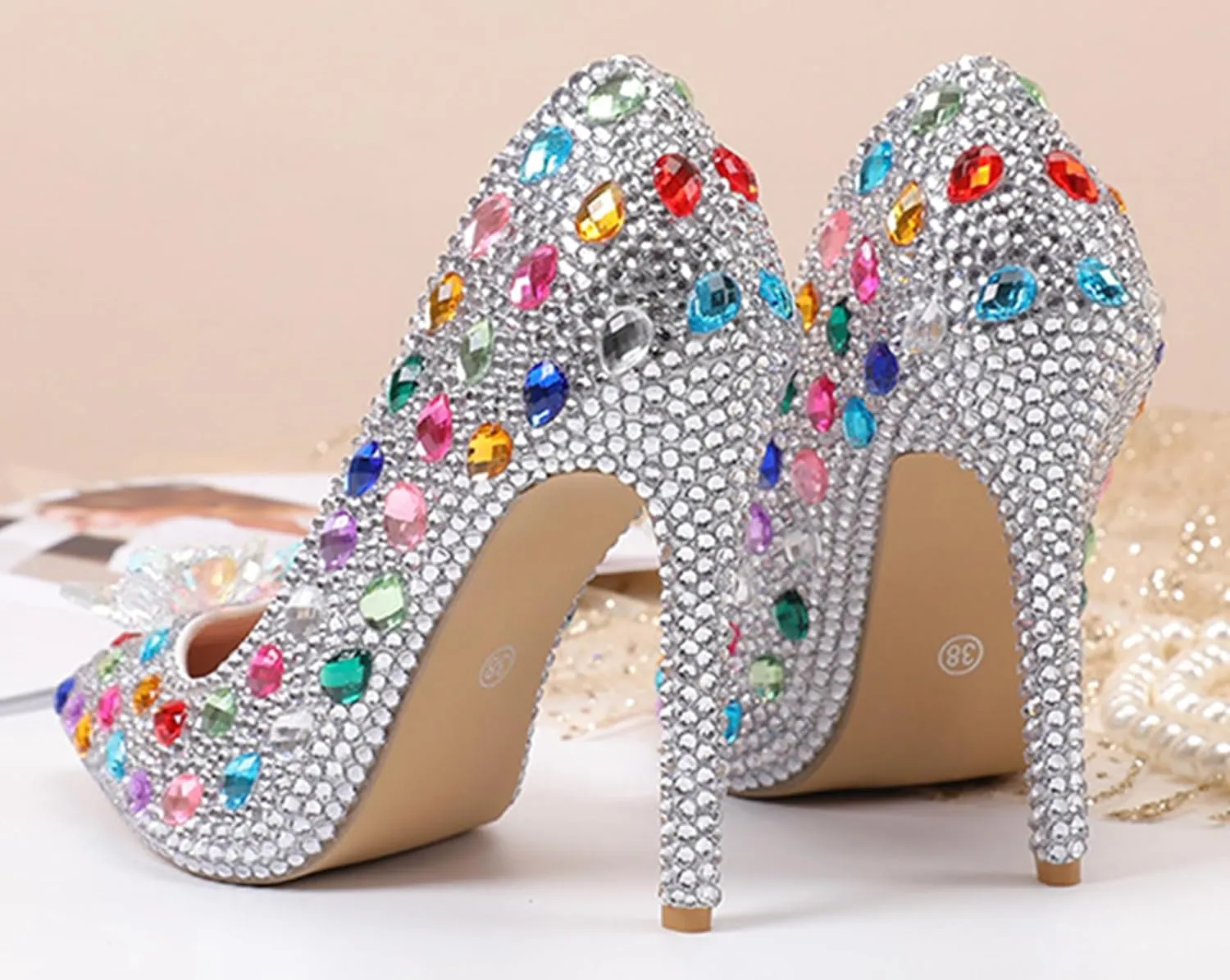 Minishion Rhinestone Wedding Shoes for Women Slip on Party Evening Pumps