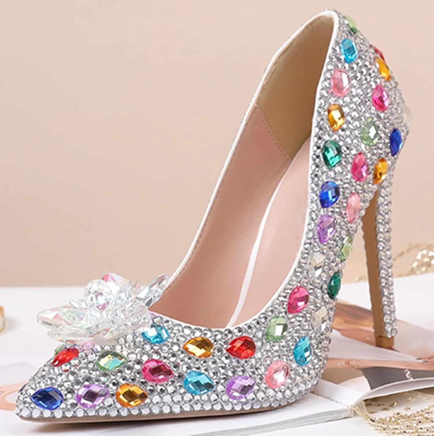 Minishion Rhinestone Wedding Shoes for Women Slip on Party Evening Pumps