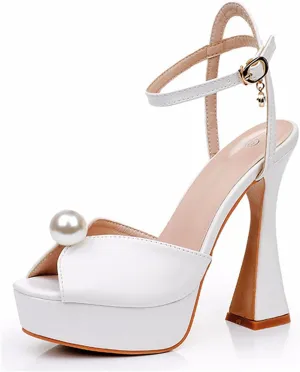 Minishion Womens Platform Wedding Shoes Slingback High Heel Party Evening Sandals with Pearl