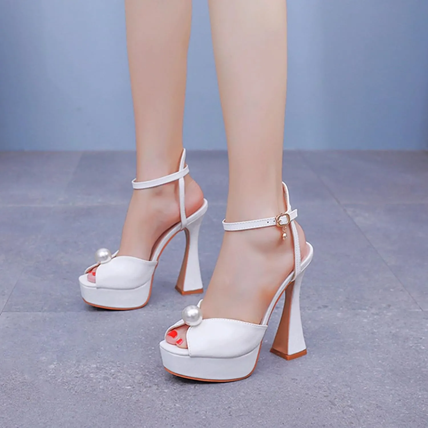 Minishion Womens Platform Wedding Shoes Slingback High Heel Party Evening Sandals with Pearl