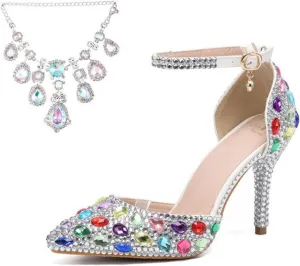 Minishion Womens Rhinestone Wedding Shoes Party Pumps with Ankle Chains