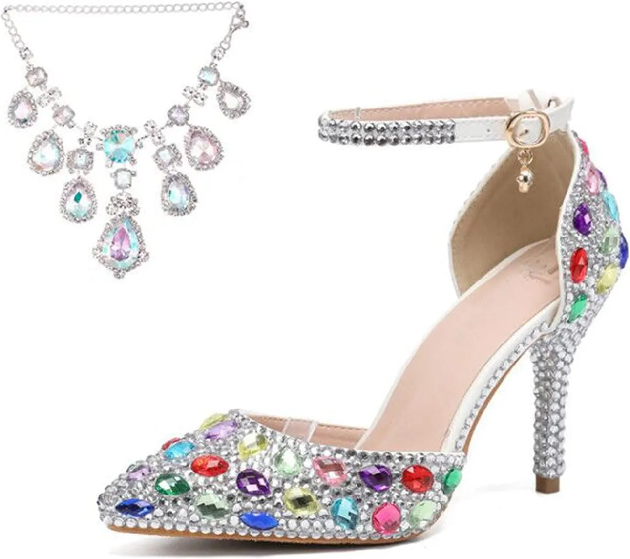 Minishion Womens Rhinestone Wedding Shoes Party Pumps with Ankle Chains