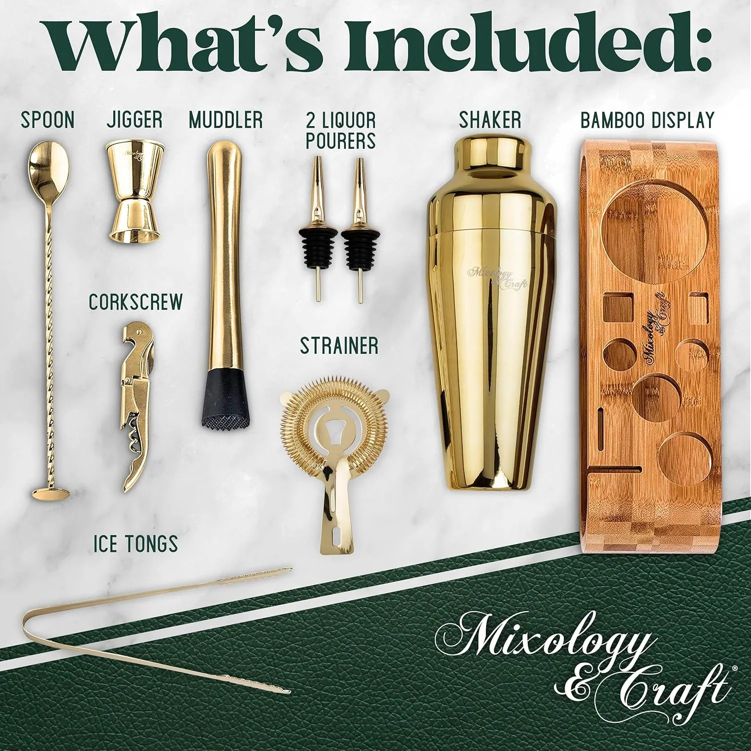 Mixology Bartender Kit: 10-Piece Bar Tool Set with Bamboo Stand | Perfect Home Bartending Kit and Martini Cocktail Shaker Set For a Perfect Drink Mixing Experience | Fun Housewarming Gift (Gold)