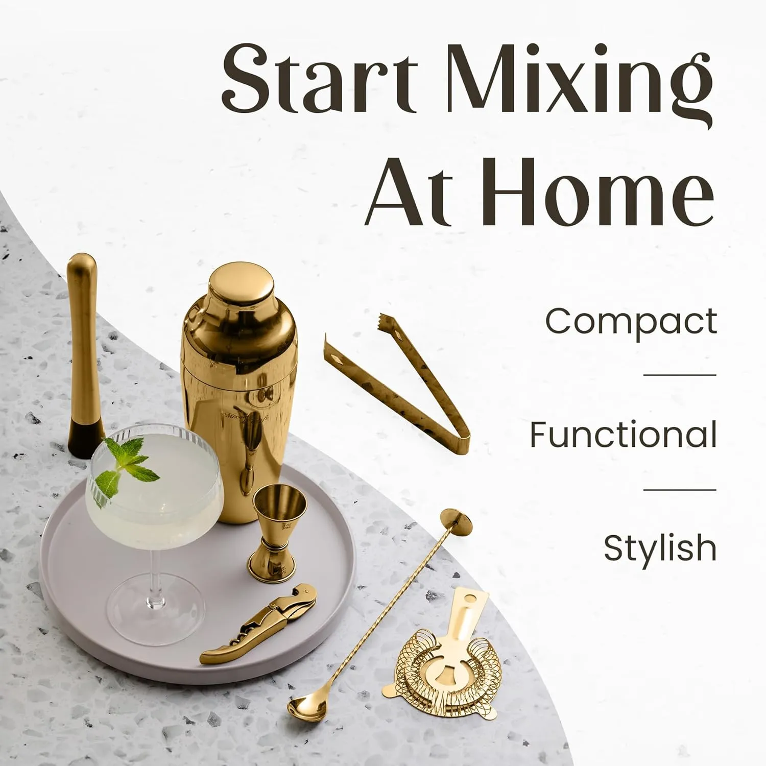Mixology Bartender Kit: 10-Piece Bar Tool Set with Bamboo Stand | Perfect Home Bartending Kit and Martini Cocktail Shaker Set For a Perfect Drink Mixing Experience | Fun Housewarming Gift (Gold)
