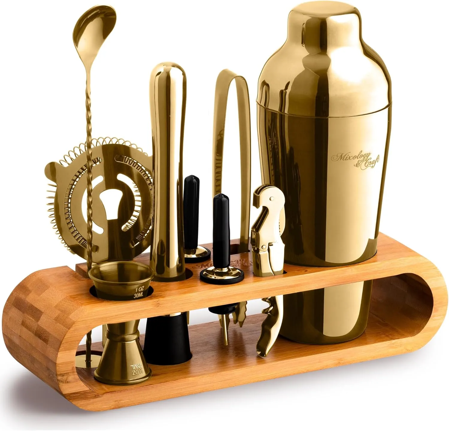 Mixology Bartender Kit: 10-Piece Bar Tool Set with Bamboo Stand | Perfect Home Bartending Kit and Martini Cocktail Shaker Set For a Perfect Drink Mixing Experience | Fun Housewarming Gift (Gold)