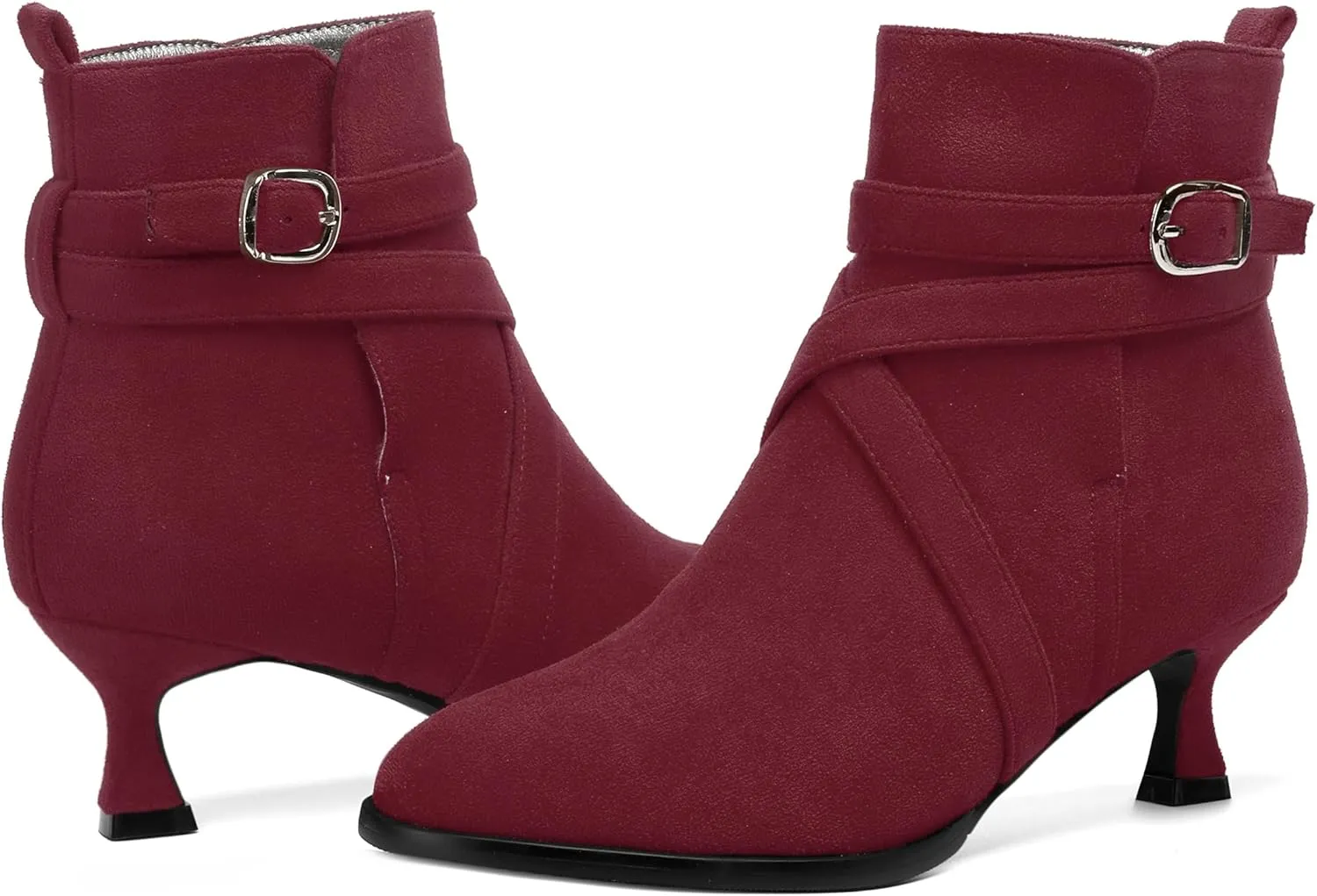 MODENCOCO Womens Dress Suede Round Toe Dating Ankle Strap Buckle Fashion Kitten Low Heel Ankle High Boots 2 Inch