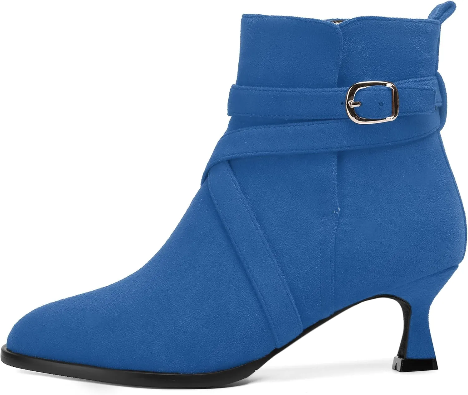 MODENCOCO Womens Dress Suede Round Toe Dating Ankle Strap Buckle Fashion Kitten Low Heel Ankle High Boots 2 Inch