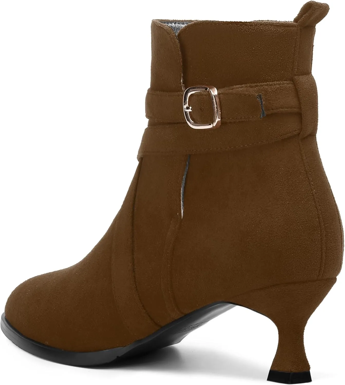MODENCOCO Womens Dress Suede Round Toe Dating Ankle Strap Buckle Fashion Kitten Low Heel Ankle High Boots 2 Inch