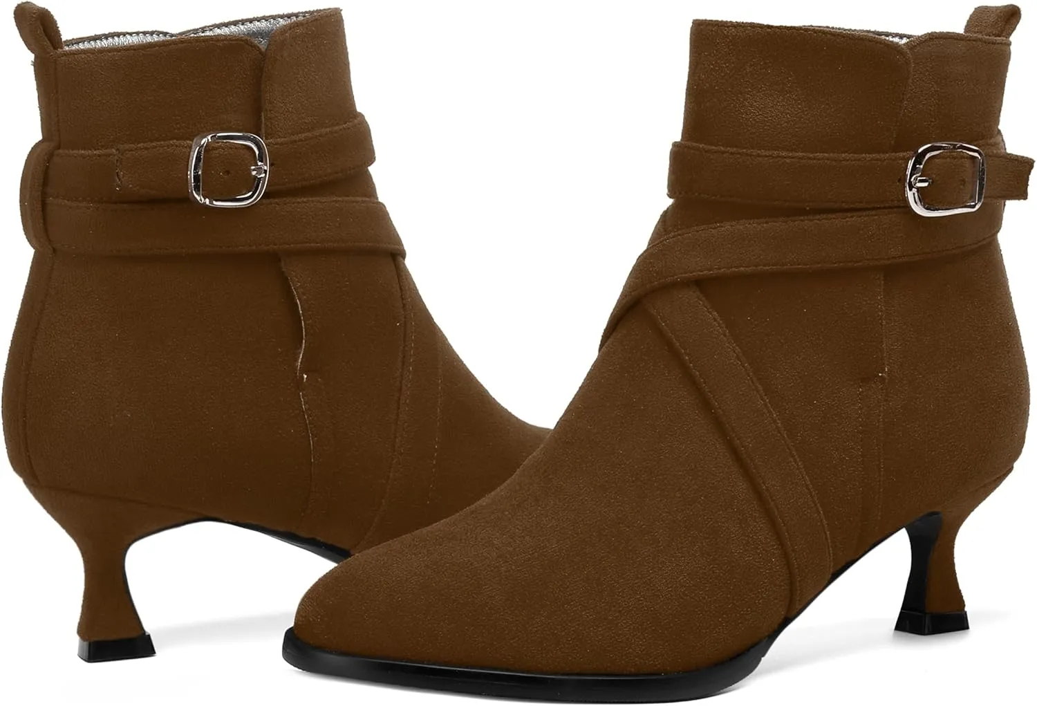 MODENCOCO Womens Dress Suede Round Toe Dating Ankle Strap Buckle Fashion Kitten Low Heel Ankle High Boots 2 Inch