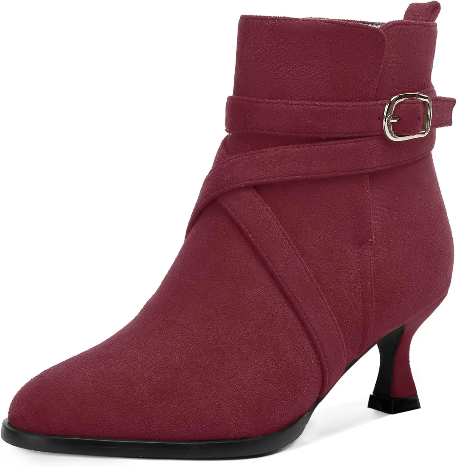 MODENCOCO Womens Dress Suede Round Toe Dating Ankle Strap Buckle Fashion Kitten Low Heel Ankle High Boots 2 Inch