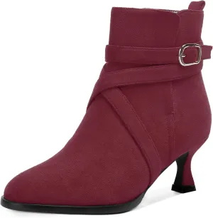 MODENCOCO Womens Dress Suede Round Toe Dating Ankle Strap Buckle Fashion Kitten Low Heel Ankle High Boots 2 Inch