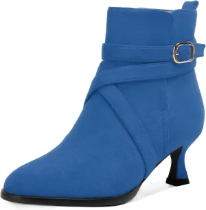 MODENCOCO Womens Dress Suede Round Toe Dating Ankle Strap Buckle Fashion Kitten Low Heel Ankle High Boots 2 Inch