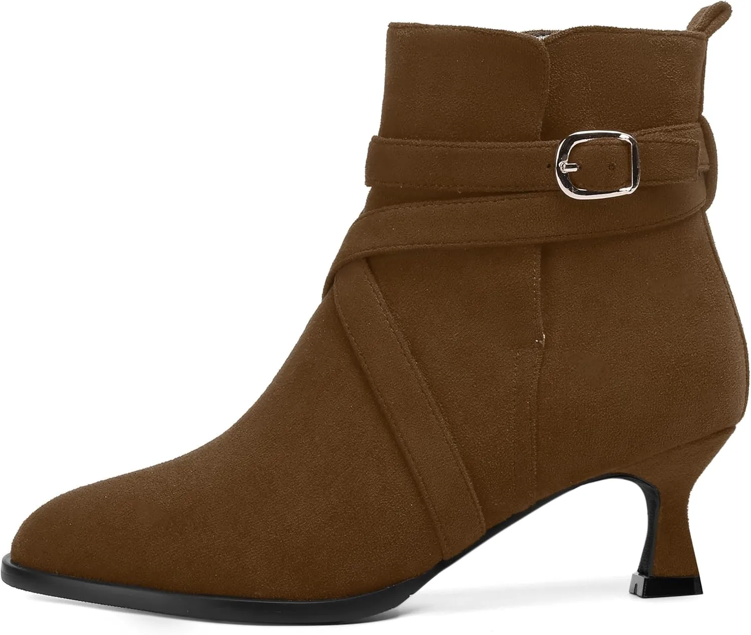 MODENCOCO Womens Dress Suede Round Toe Dating Ankle Strap Buckle Fashion Kitten Low Heel Ankle High Boots 2 Inch