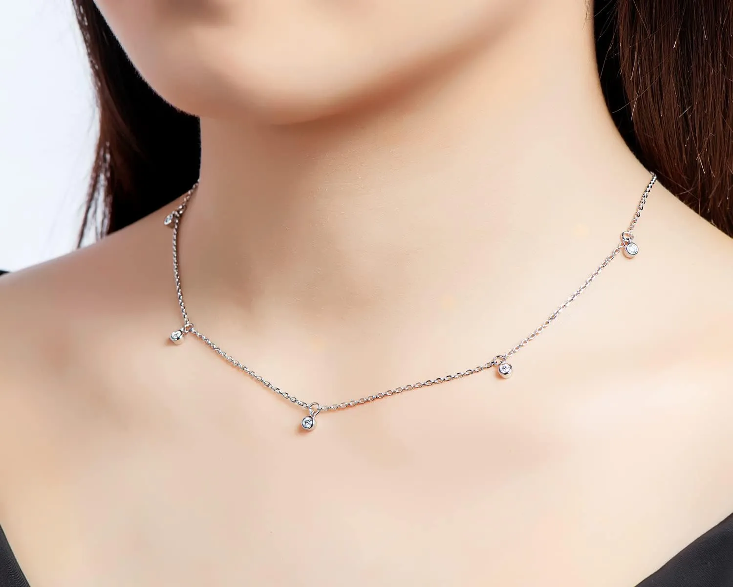 Moissanite Necklace for Women Sterling Silver, Station Tennis Choker Layering Bezel Set Chain, 2.5MM to 4MM Dainty Simple Adjustable 16 Inch to 18 Inch