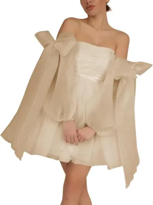 Monlity Off The Shoulder Organza Homecoming Dresses Bow Tie Long Sleeve Prom Dresses Short A-Line Formal Cocktail Party Gown