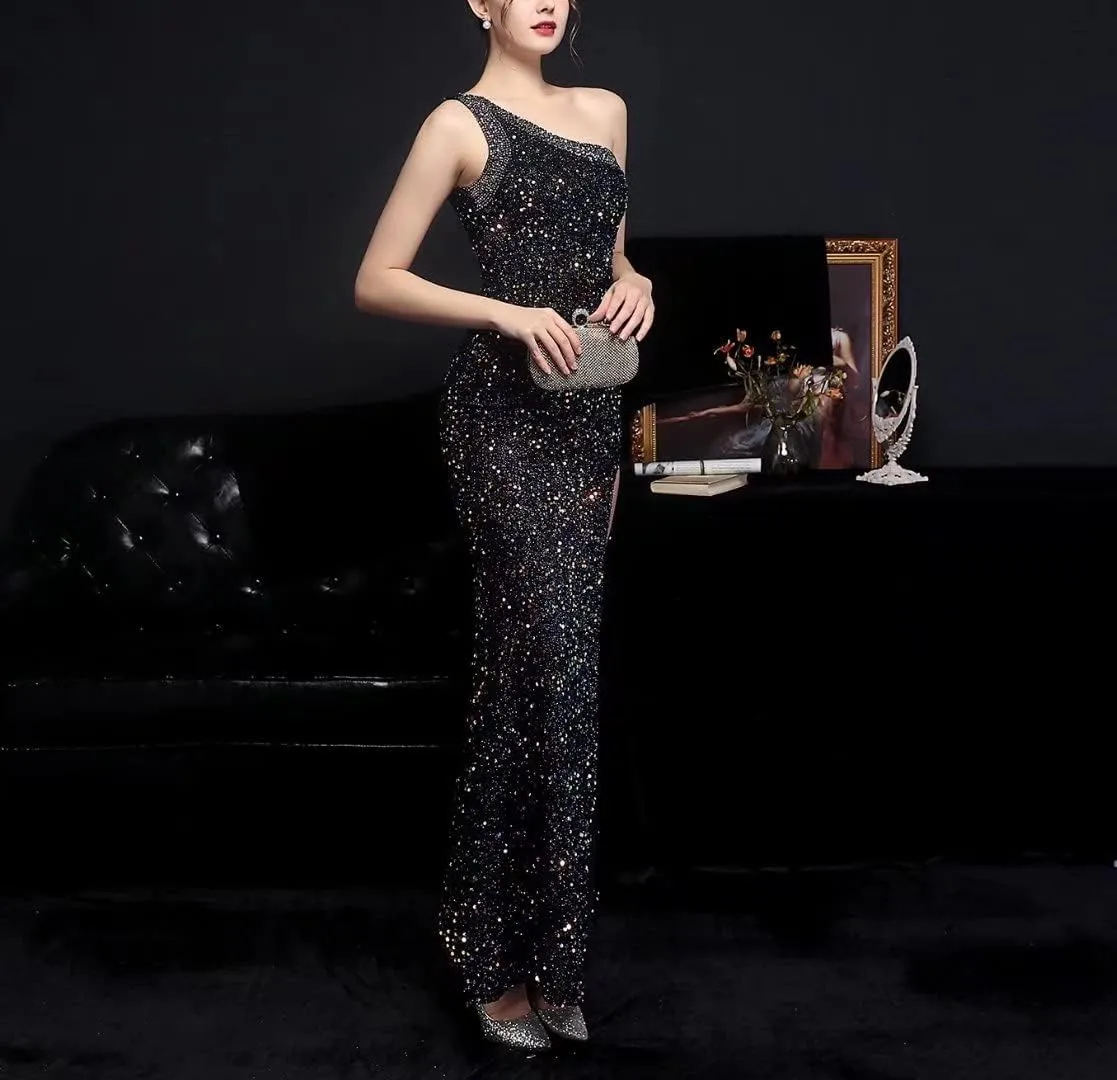 Mordarli 2023 One Shoulder Sequin Prom Dresses with Slit Long Formal Dresses Mermaid Evening Gowns