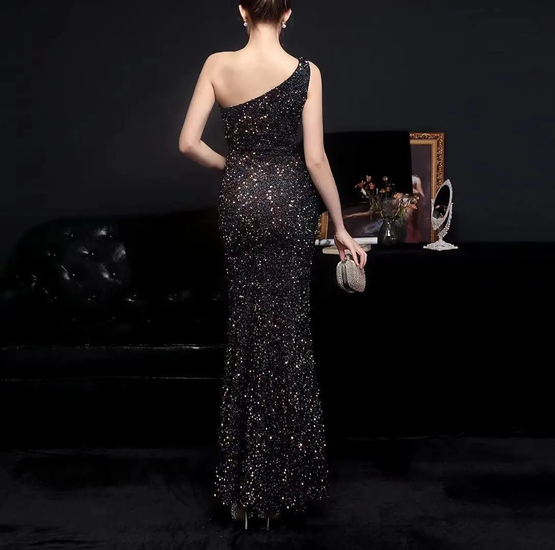 Mordarli 2023 One Shoulder Sequin Prom Dresses with Slit Long Formal Dresses Mermaid Evening Gowns