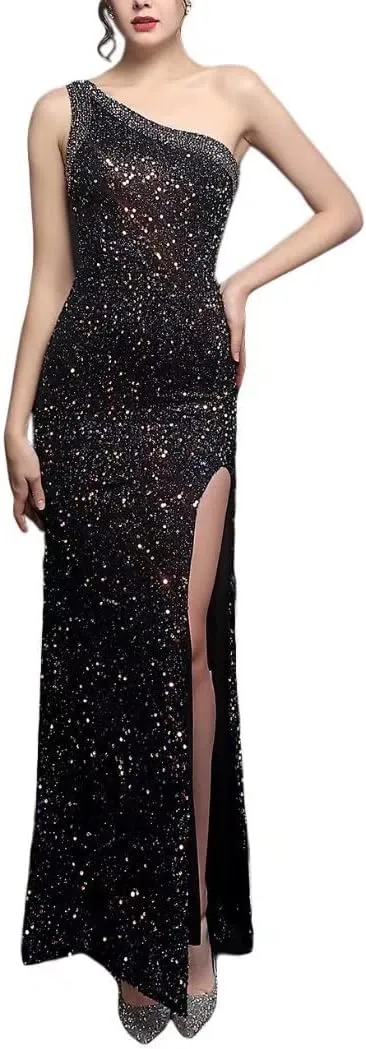Mordarli 2023 One Shoulder Sequin Prom Dresses with Slit Long Formal Dresses Mermaid Evening Gowns