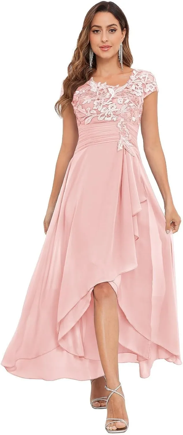 Mother of The Bride Dresses Chiffon Short Sleeve with Tea Length A-line Lace Applique Formal Evening Gown