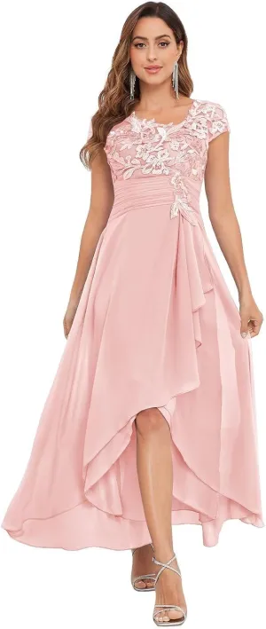 Mother of The Bride Dresses Chiffon Short Sleeve with Tea Length A-line Lace Applique Formal Evening Gown