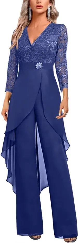 Mother of The Bride Pant Suits for Wedding Lace Chiffon Pant Suits for Women Dressy