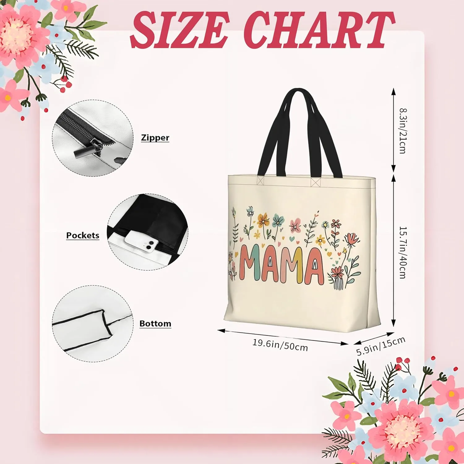 Mothers Day Tote Bag With Zipper Women Mom Bags Large Mama tote bag Reusable With Handles Mother Gifts